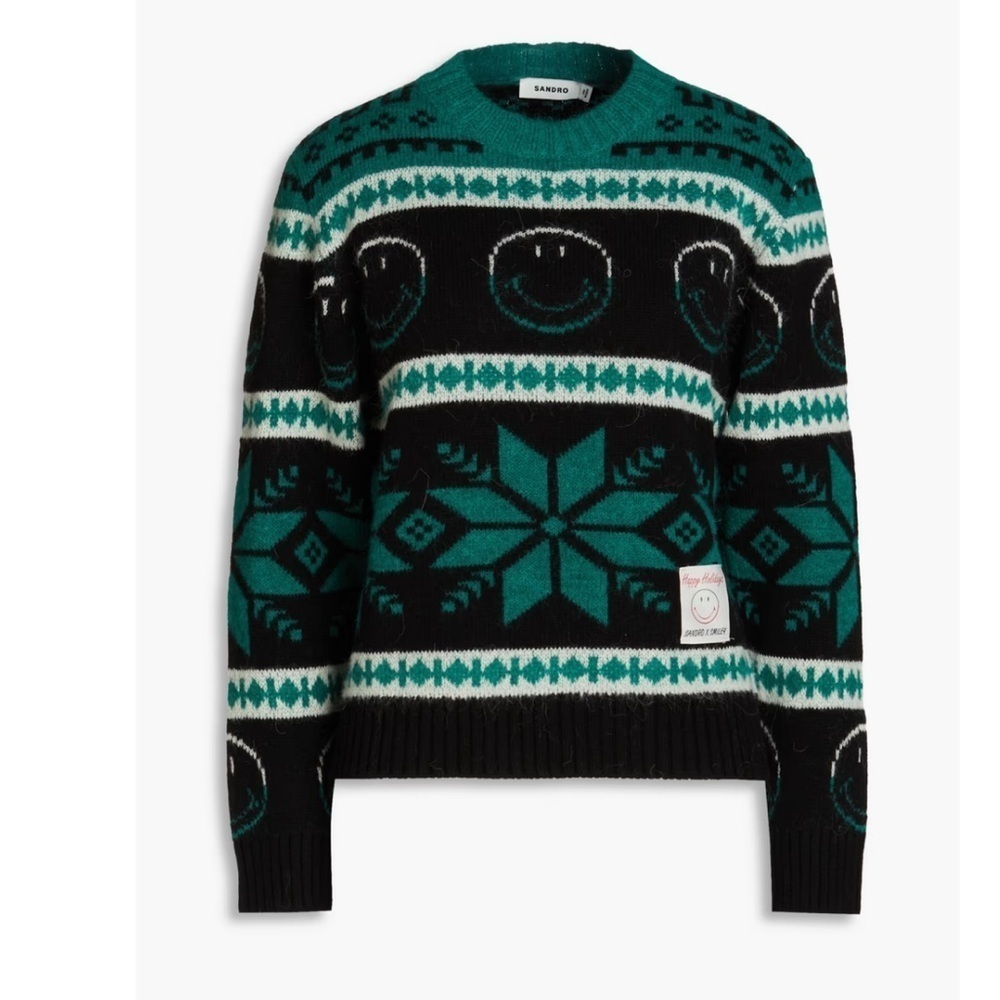 NWT Sandro Green & Black Wool Smiley Intarsia Sweater